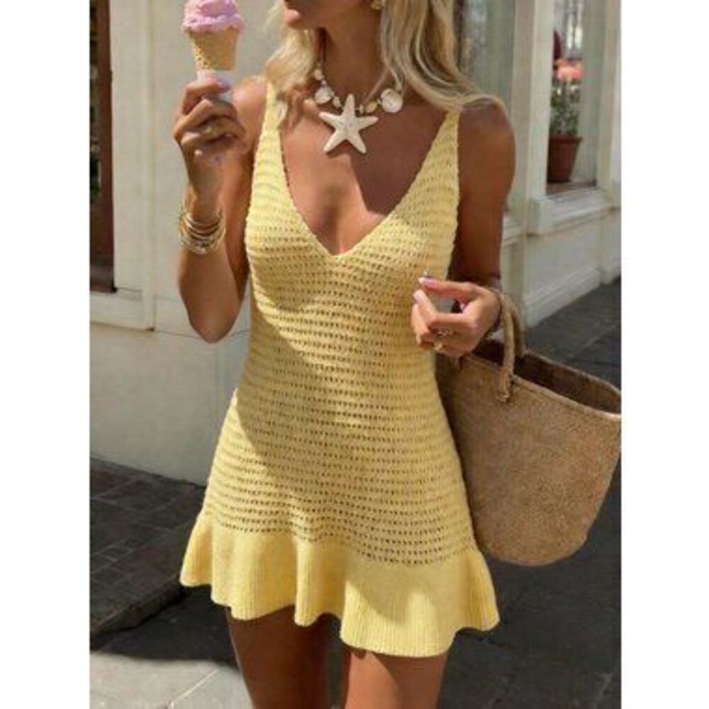 Light Yellow Casual Women's Elegant Sleeveless V-Neck Mini Dress